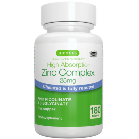 High Absorption Zinc Complex 25mg with Copper, Chelated Zinc Picolinate & Bisglycinate, 180 Tablets