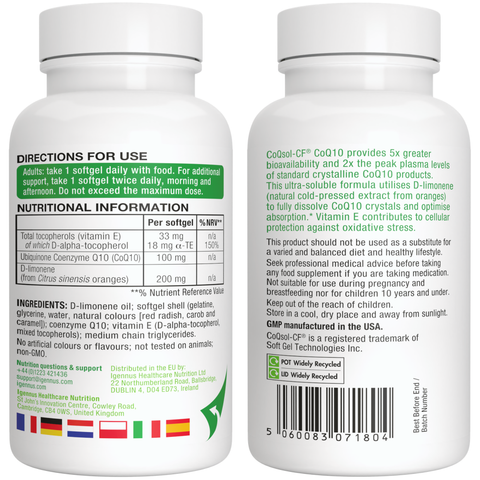 CoQ10 100mg - High Absorption CoQsol-CF with Vitamin E & D-Limonene, 120 Softgels