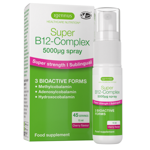 Super B12-Complex 5000mcg Sublingual Spray, Methylated Vitamin B12 as Methylcobalamin, Sugar-Free & Natural Cherry Flavour, Vegan