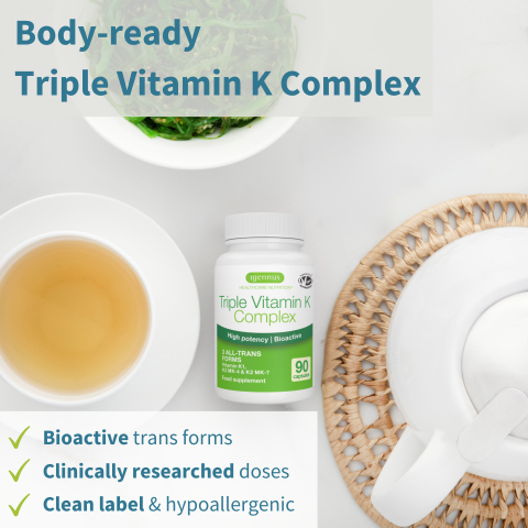 Triple Vitamin K Complex 2700 mcg, High Strength Vitamin K1 & K2 (MK-4 & MK-7), Bioactive Natural Forms, Clean Label, Vegan, 90 Capsules