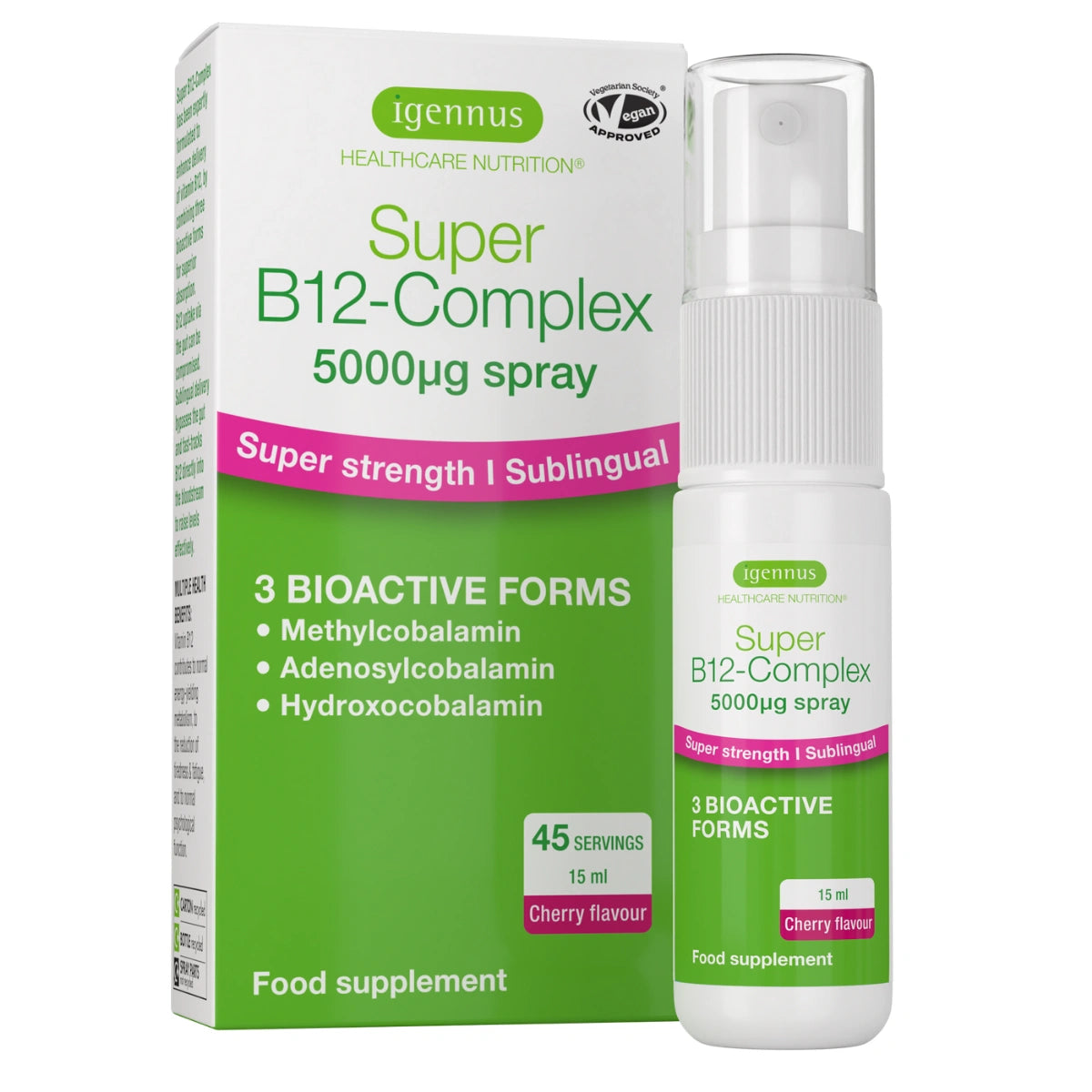Super B12-Complex 5000mcg Spray, Methylated Vitamin B12 as Methylcobalamin, Natural Cherry Flavour, Vegan – Igennus Healthcare Nutrition