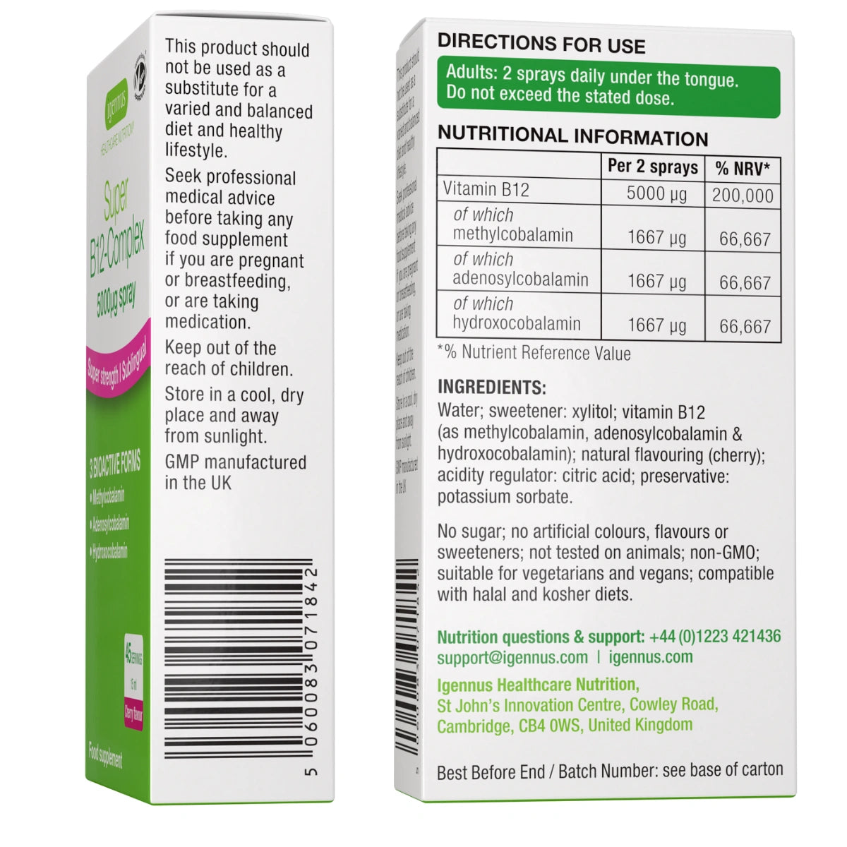 Super B12-Complex 5000mcg Sublingual Spray, Methylated Vitamin B12 as Methylcobalamin, Sugar-Free & Natural Cherry Flavour, Vegan