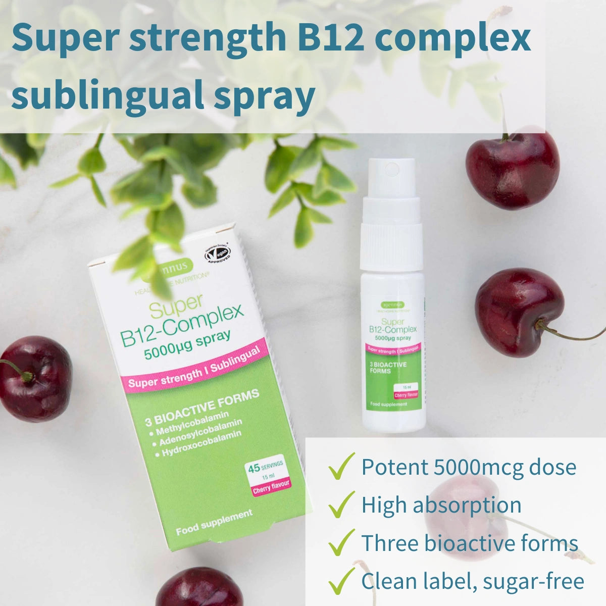 Super B12-Complex 5000mcg Sublingual Spray, Methylated Vitamin B12 as Methylcobalamin, Sugar-Free & Natural Cherry Flavour, Vegan