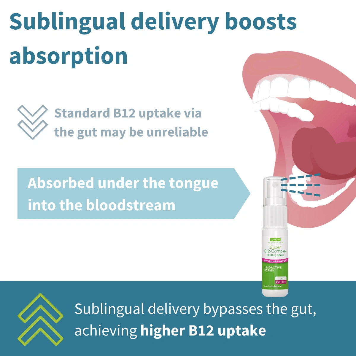 Diagram showing sublingual delivery of a supplement with text explaining its benefits.