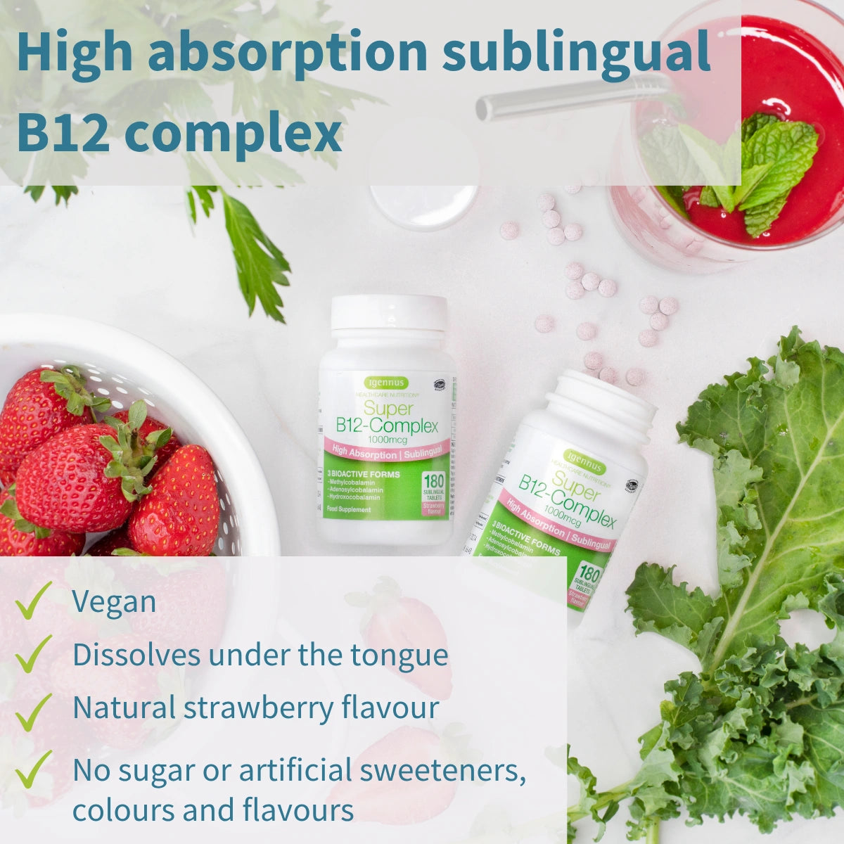 B12 complex supplement bottles with strawberries, kale, and a glass of juice on a white background.