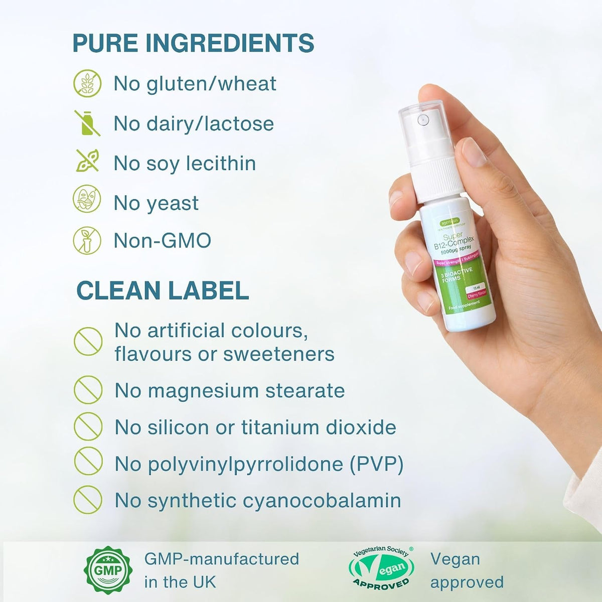 A hand holding a small white spray bottle labeled 'Bio-Active' against a clean white background with text highlighting pure ingredients and clean labeling.
