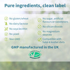 List of product ingredients and certifications on a green background