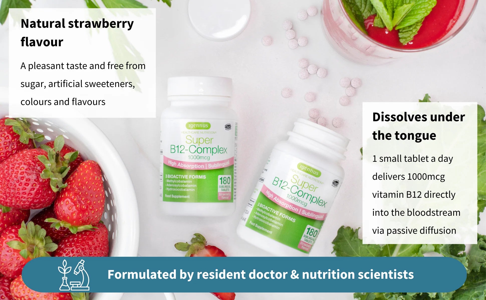 Supplement bottles with strawberries and text about natural strawberry flavor and B12 complex.