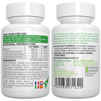 Two white supplement bottles with nutritional information and directions for use on a white background