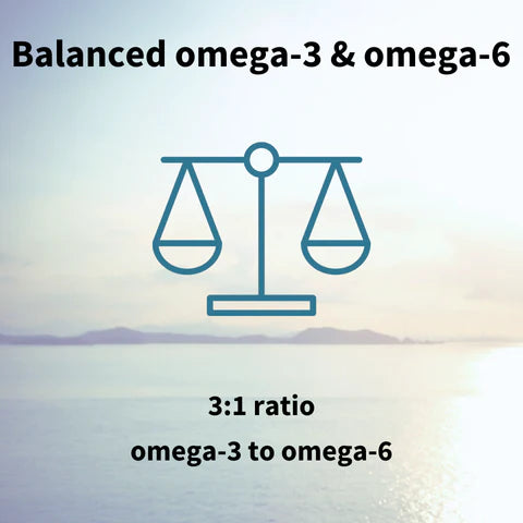 Balanced omega-3 and omega-6 icon with a scale on a blurred beach background