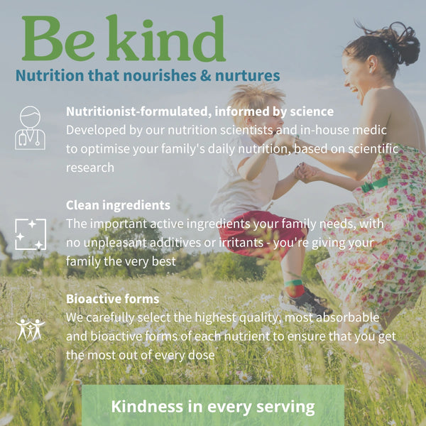 Advertisement for 'Be kind' nutrition products with a woman and child in a field.