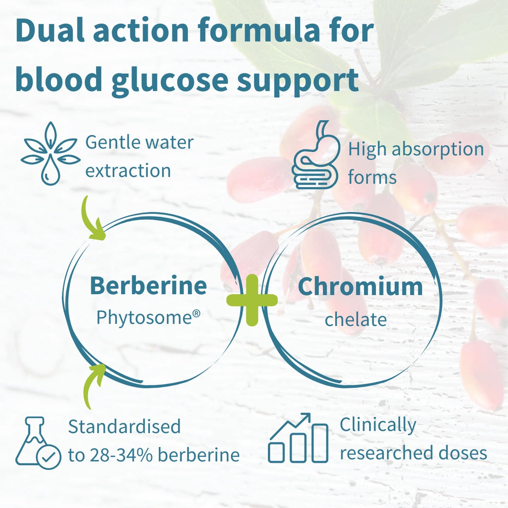 Diagram of Berberine Phytosome and Chromium chelate for blood glucose support with text on a floral background.