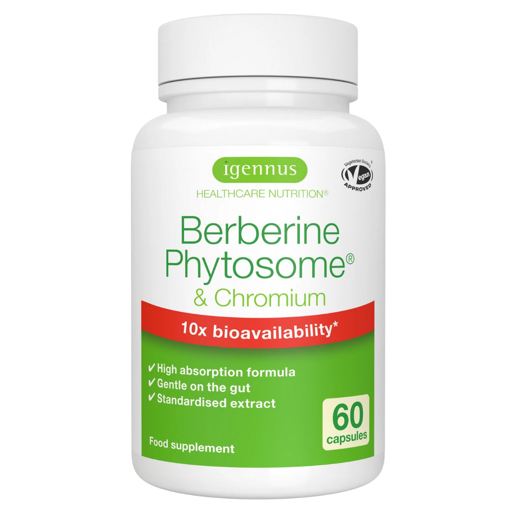 Supplement bottle labeled 'Berberine Phytosome & Chromium' by igennus on a white background