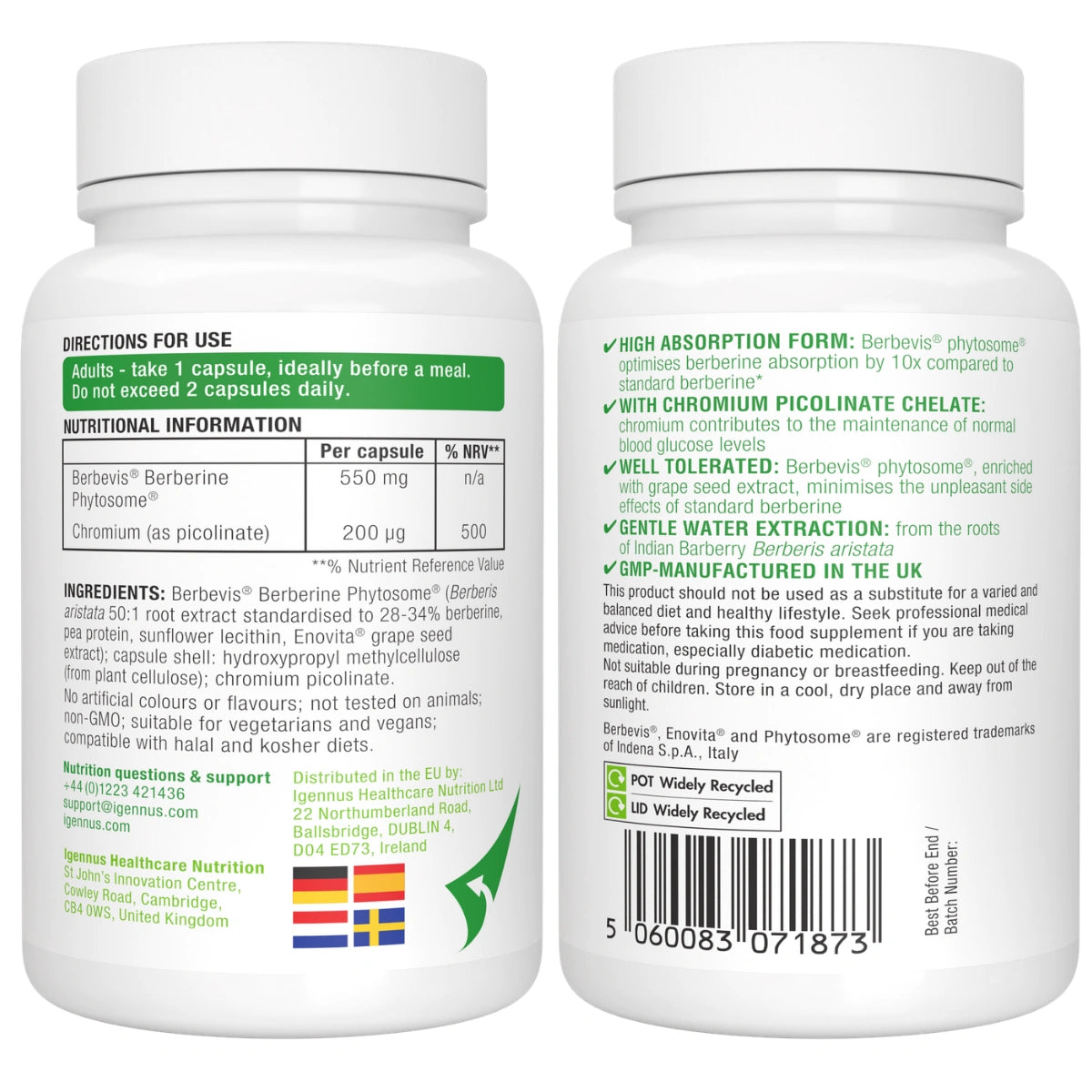 Two white supplement bottles with labels showing nutritional information and directions for use.