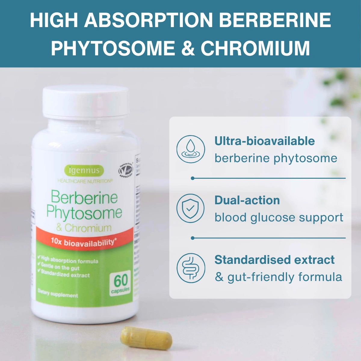 Berberine Phytosome supplement bottle with packaging details on a light background
