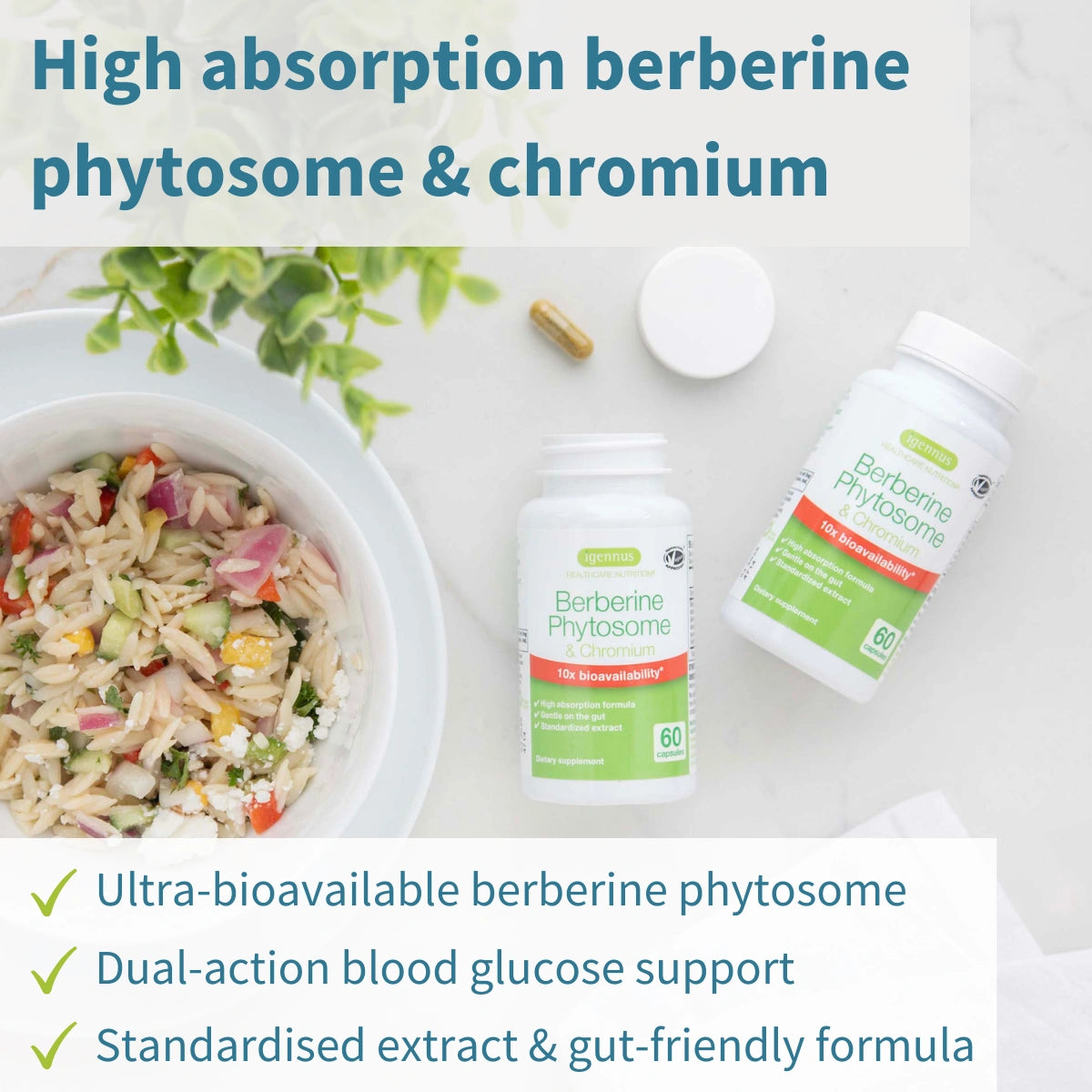 Berberine Phytosome & Chromium Picolinate, Blood Glucose Control Supplement, Vegan, 60 Capsules