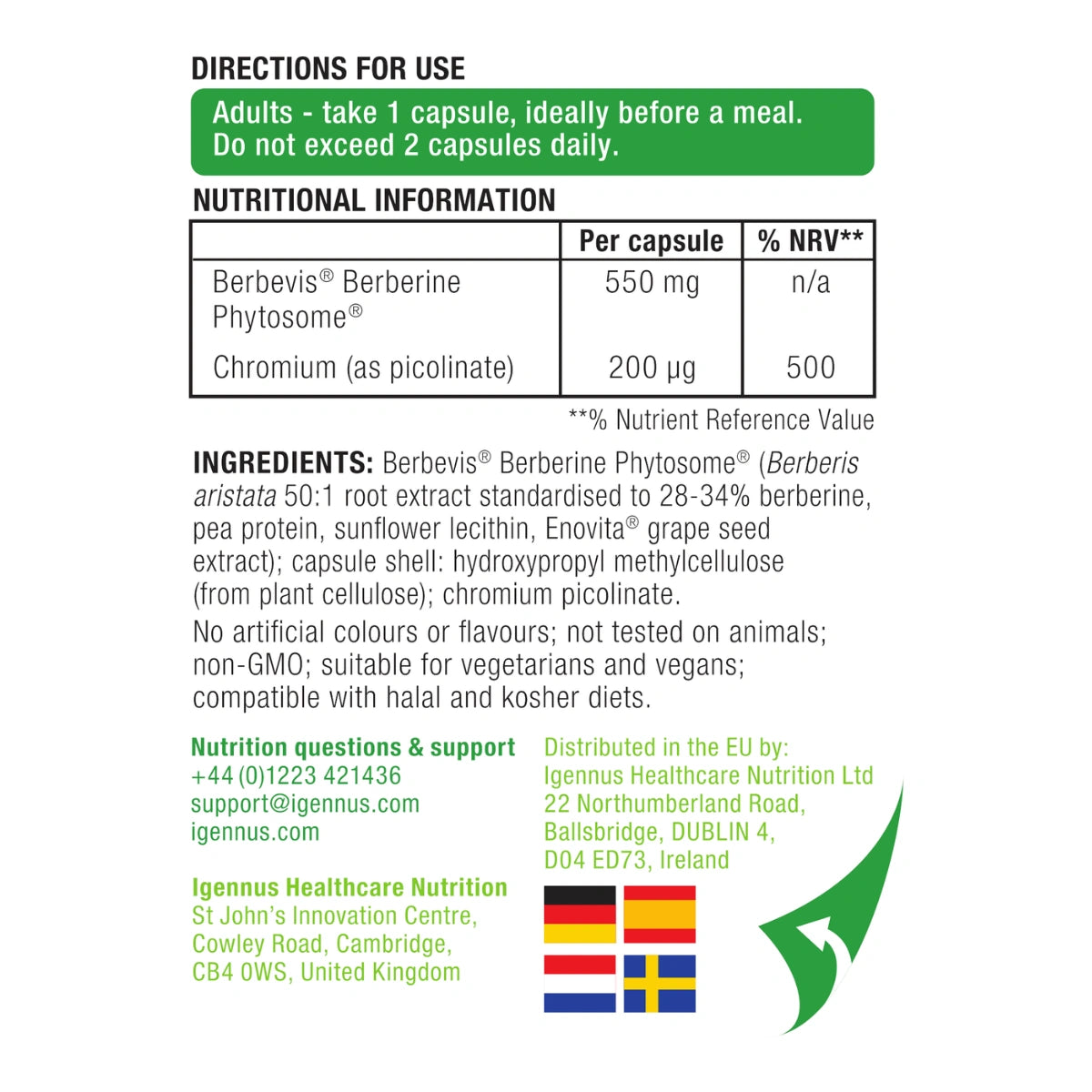 Berberine Phytosome & Chromium Picolinate, Blood Glucose Control Supplement, Vegan, 60 Capsules