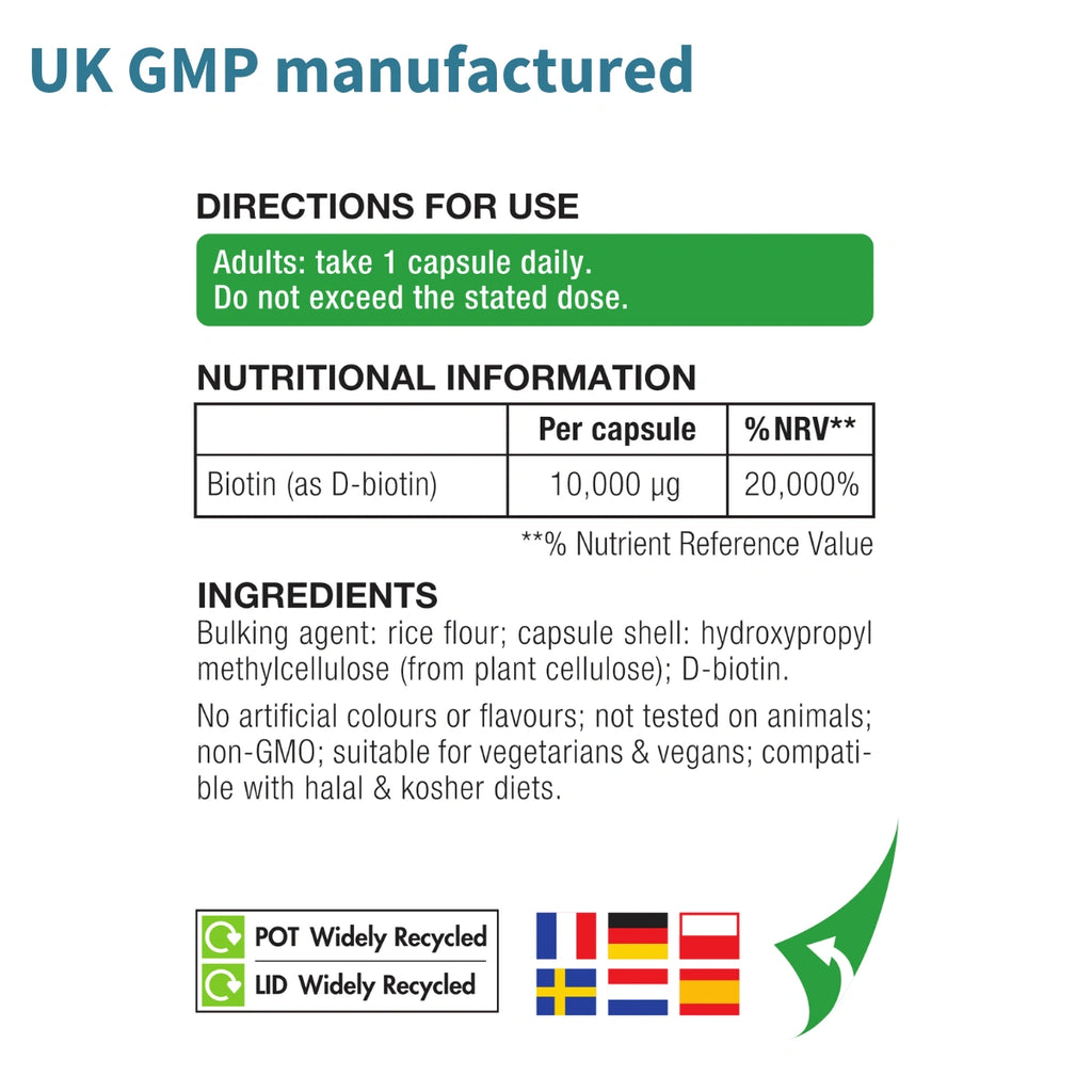 Nutritional information label for a supplement with directions for use, nutritional details, and ingredient list.