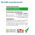 Nutritional information label for a supplement with directions for use, nutritional details, and ingredient list.