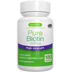 Bottle of Pure Biotin supplement with green and white label on a white background