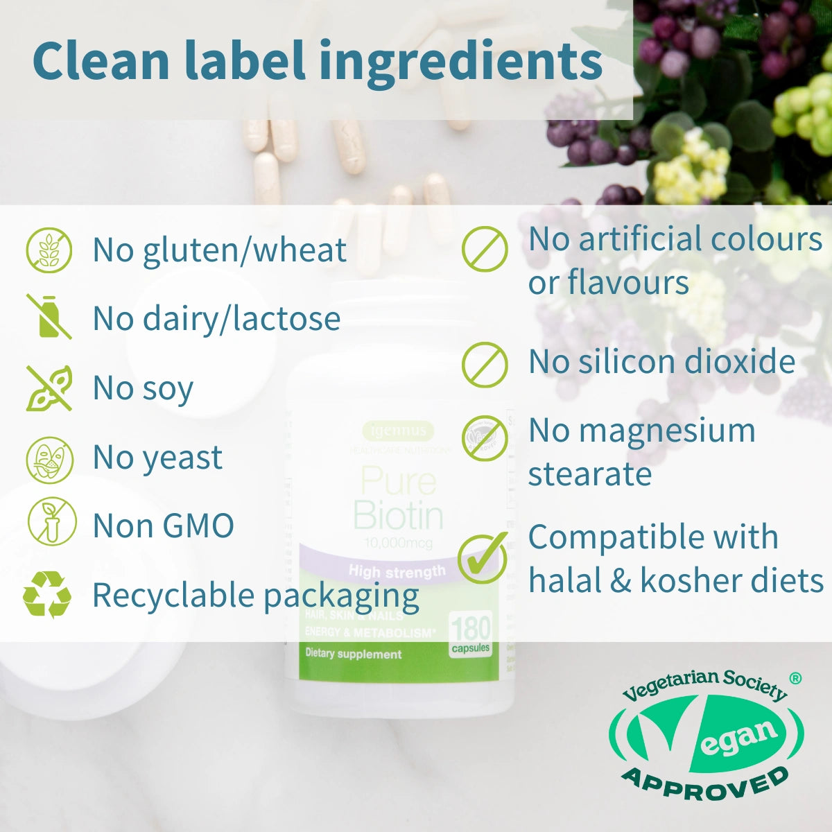 Pure Biotin 10,000mcg, High Strength, Hair, Nails & Skin, Energy & Metabolism, 180 Capsules