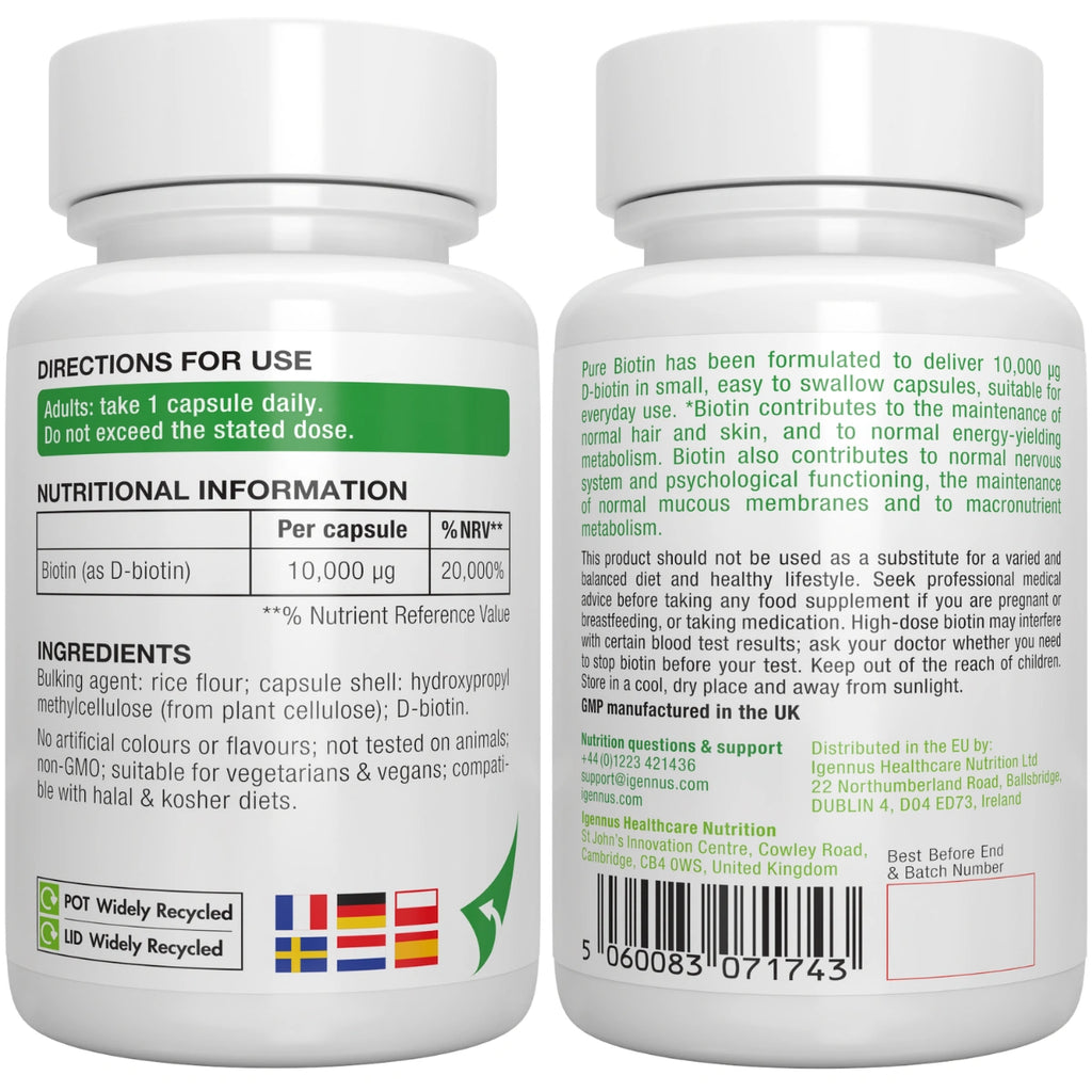 Two white supplement bottles with nutritional information and directions on a white background