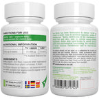 Two white supplement bottles with nutritional information and directions on a white background