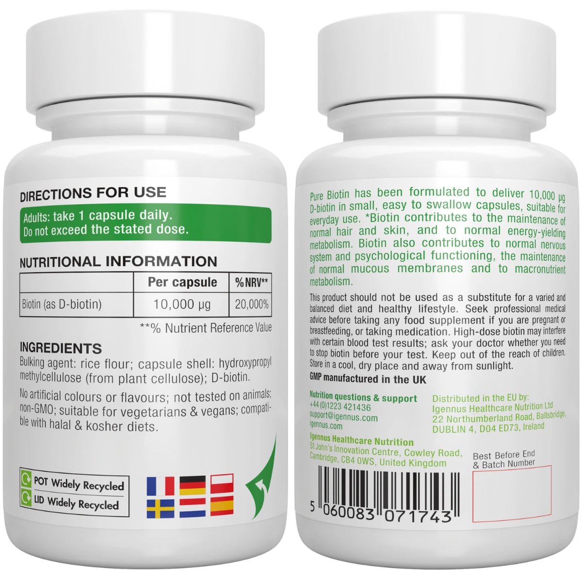 Two white supplement bottles with nutritional information and directions on a white background