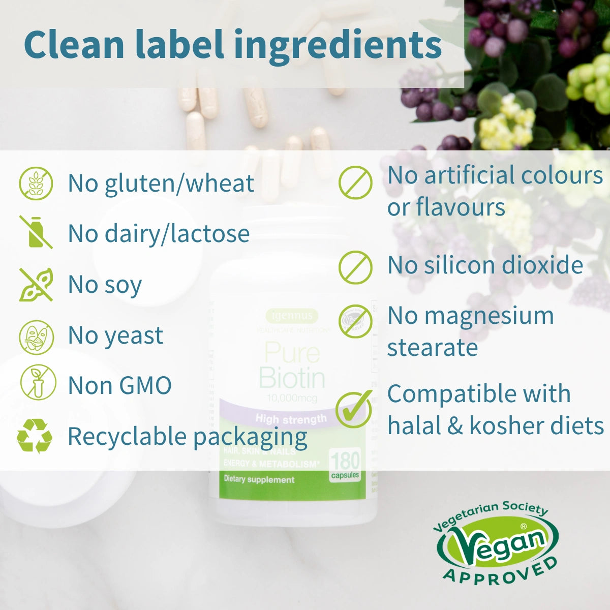 Pure Biotin 10,000mcg, High Strength, Hair, Nails & Skin, Energy & Metabolism, 180 Capsules