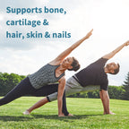 Two people practicing yoga on grass with text about health benefits.