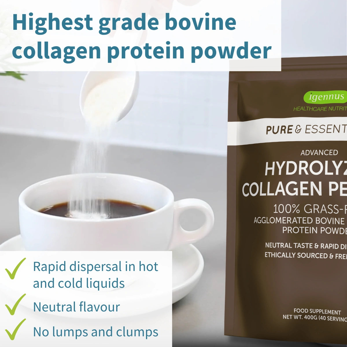 Collagen protein powder package with a cup of coffee and text highlighting product features.