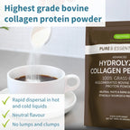 Collagen protein powder package with a cup of coffee and text highlighting product features.