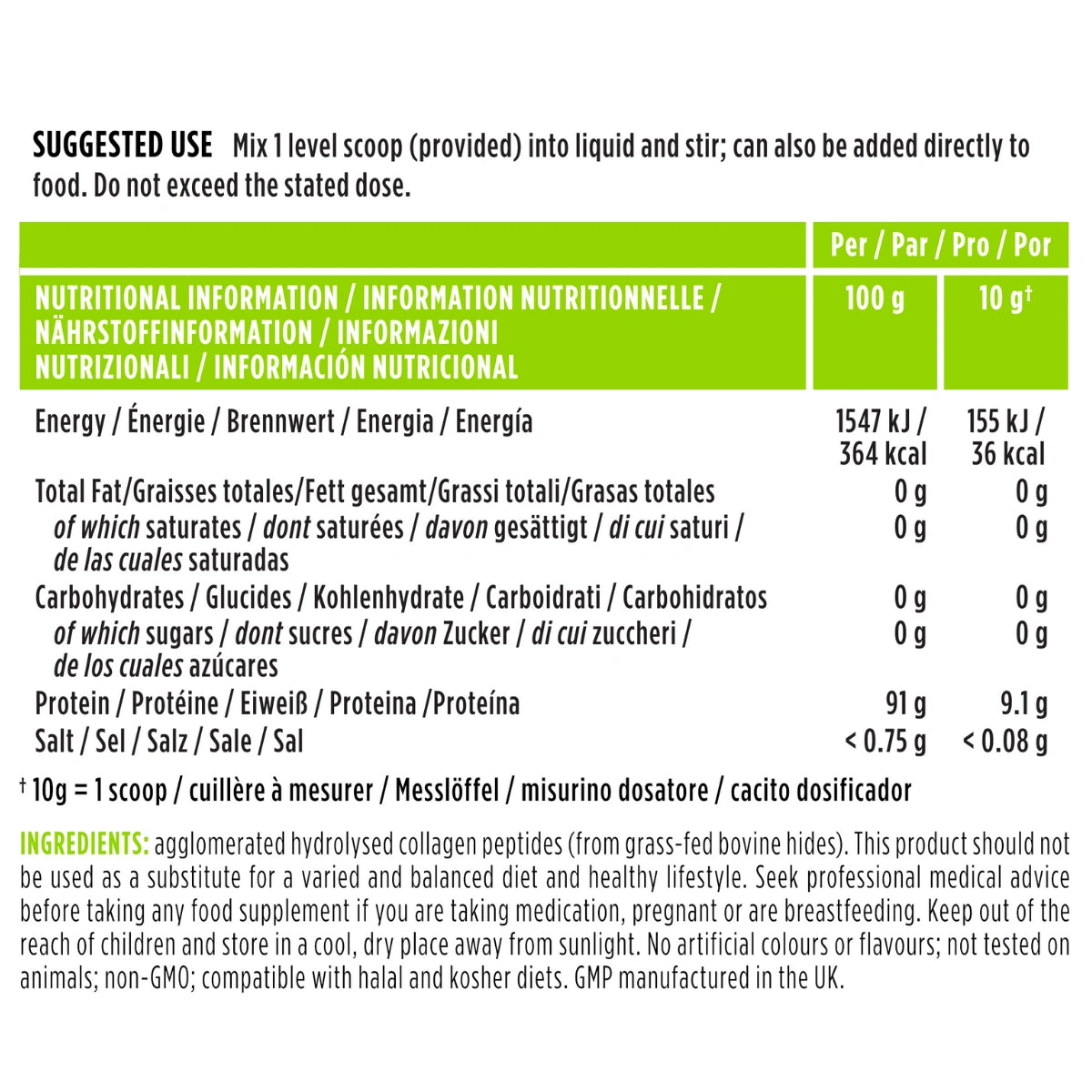 Nutritional information and ingredient list for a protein supplement on a white background