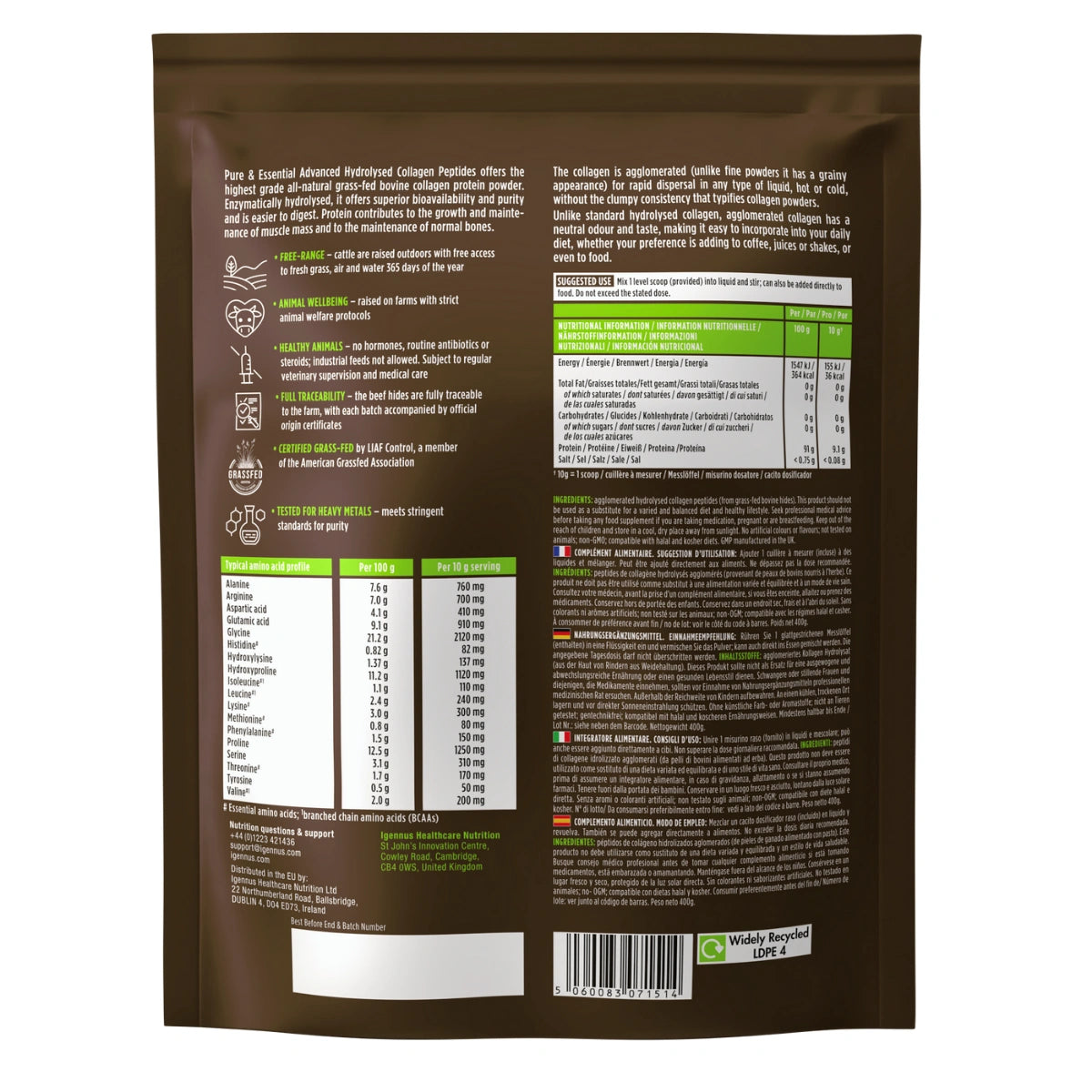 Back view of a brown package with text and nutritional information on a white background