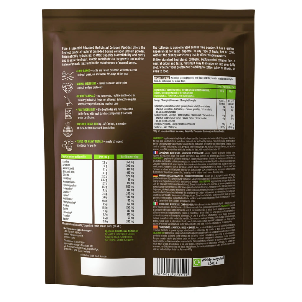 Back view of a brown package with text and nutritional information on a white background