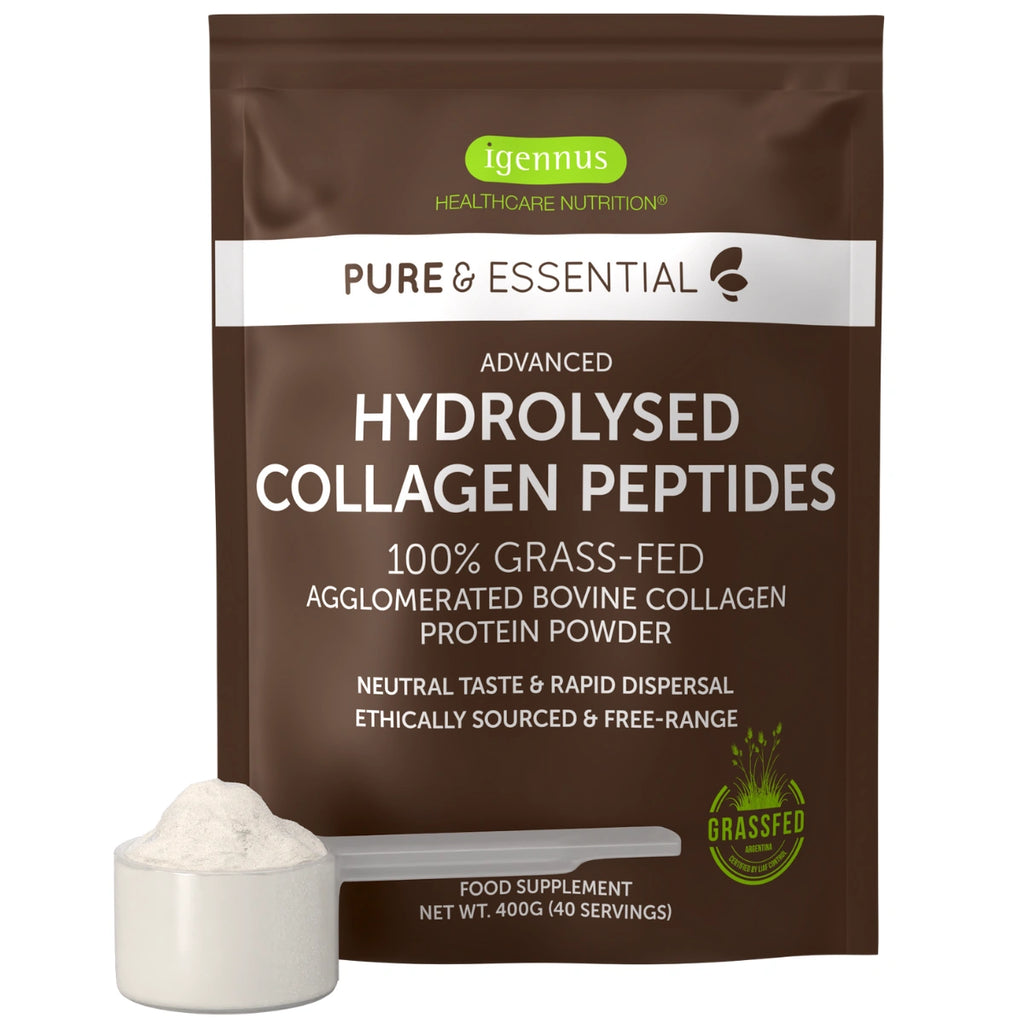 Package of Igennus Healthcare Nutrition Hydrolysed Collagen Peptides on a white background
