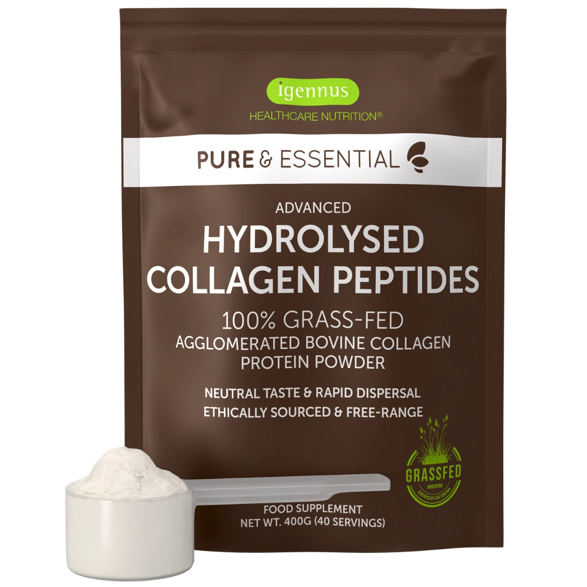 Package of Igennus Healthcare Nutrition Hydrolysed Collagen Peptides on a white background