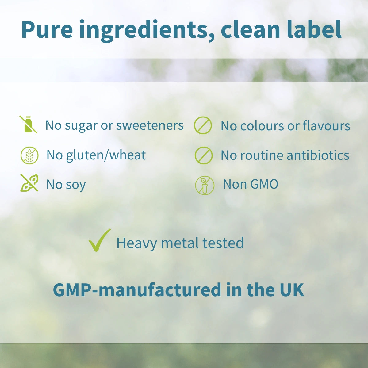 List of product attributes on a green blurred background