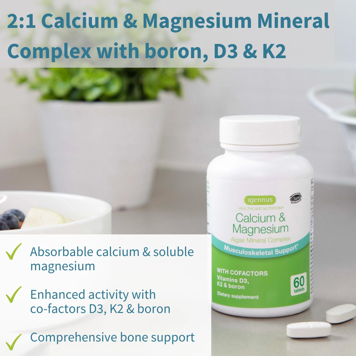 Calcium & Magnesium, High Absorption Algae Mineral Complex, Vitamin D3, K2 & Boron, Vegan, 60 Tablets