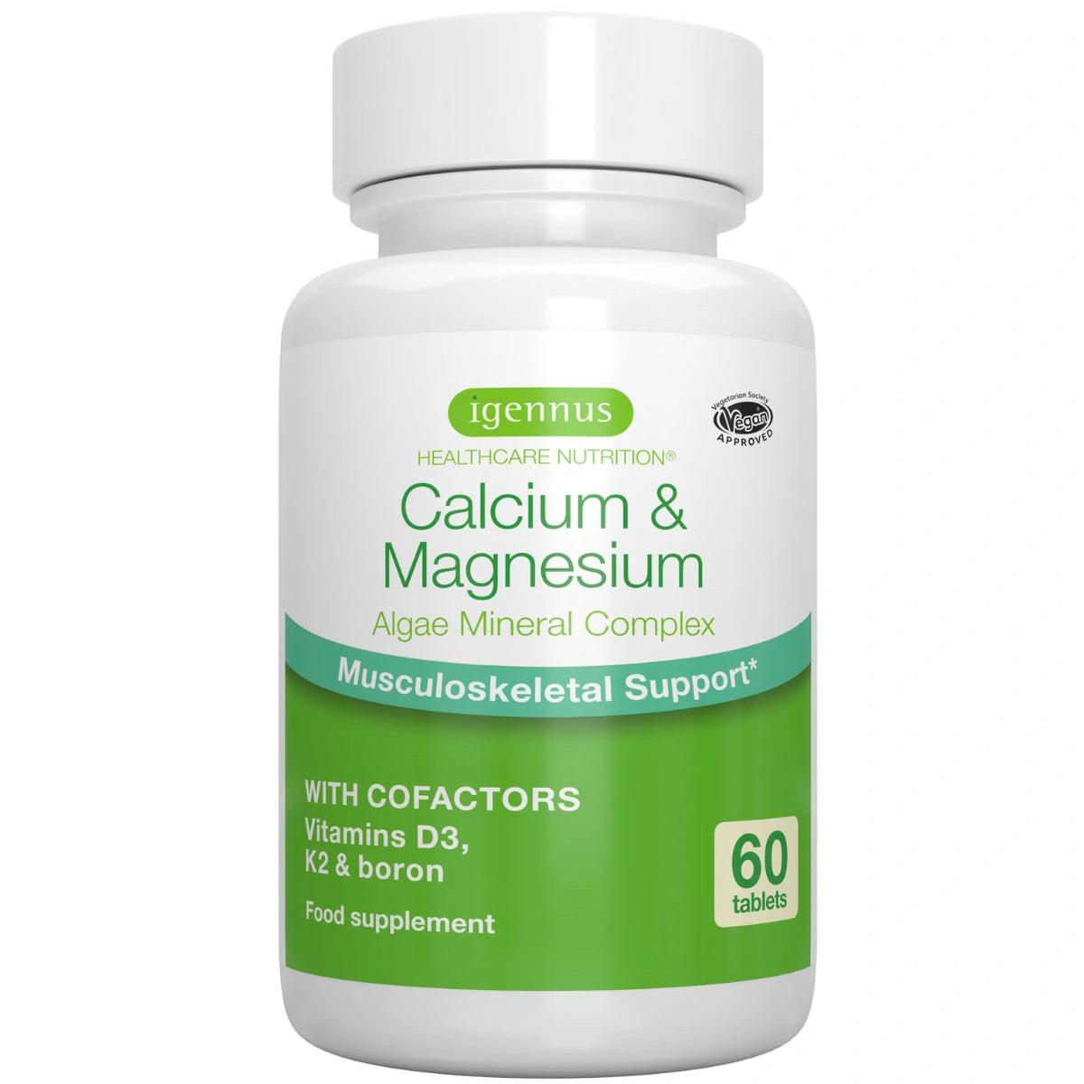 Supplement bottle labeled 'Calcium & Magnesium' with green and white design on a white background