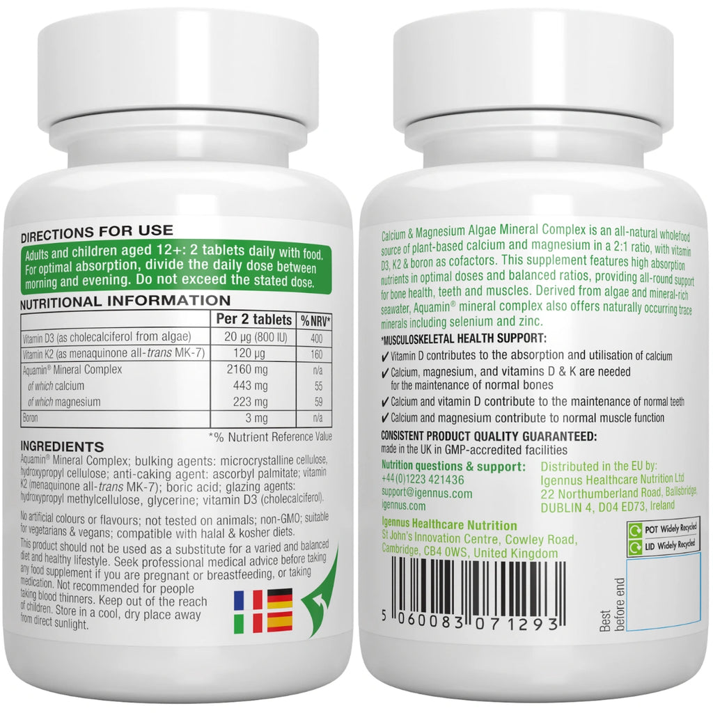 Two bottles of a calcium and magnesium supplement with nutritional information and directions for use on the labels.