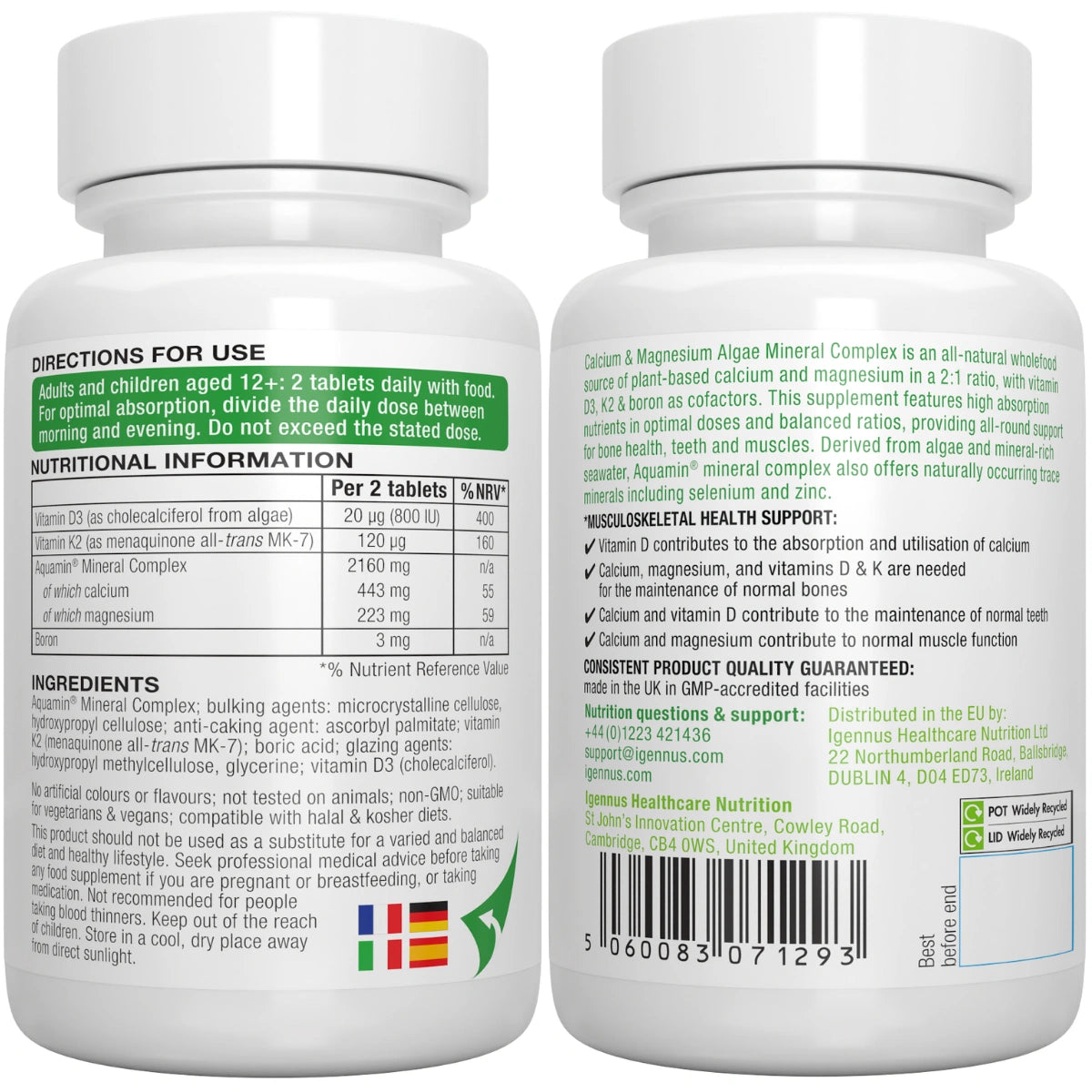 Two bottles of a calcium and magnesium supplement with nutritional information and directions for use on the labels.