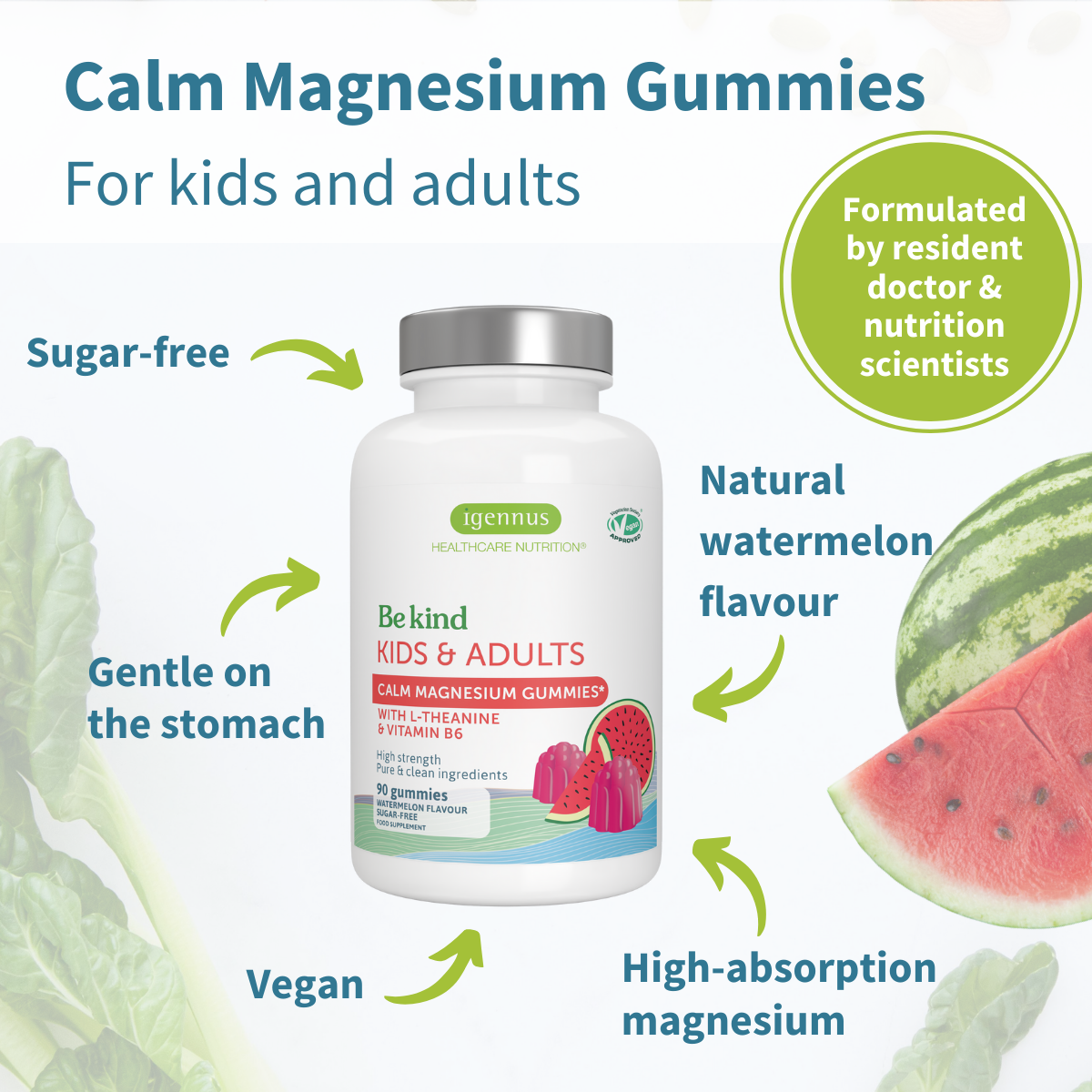Calm Magnesium Gummies packaging with watermelon slices and green leaves, featuring product details.