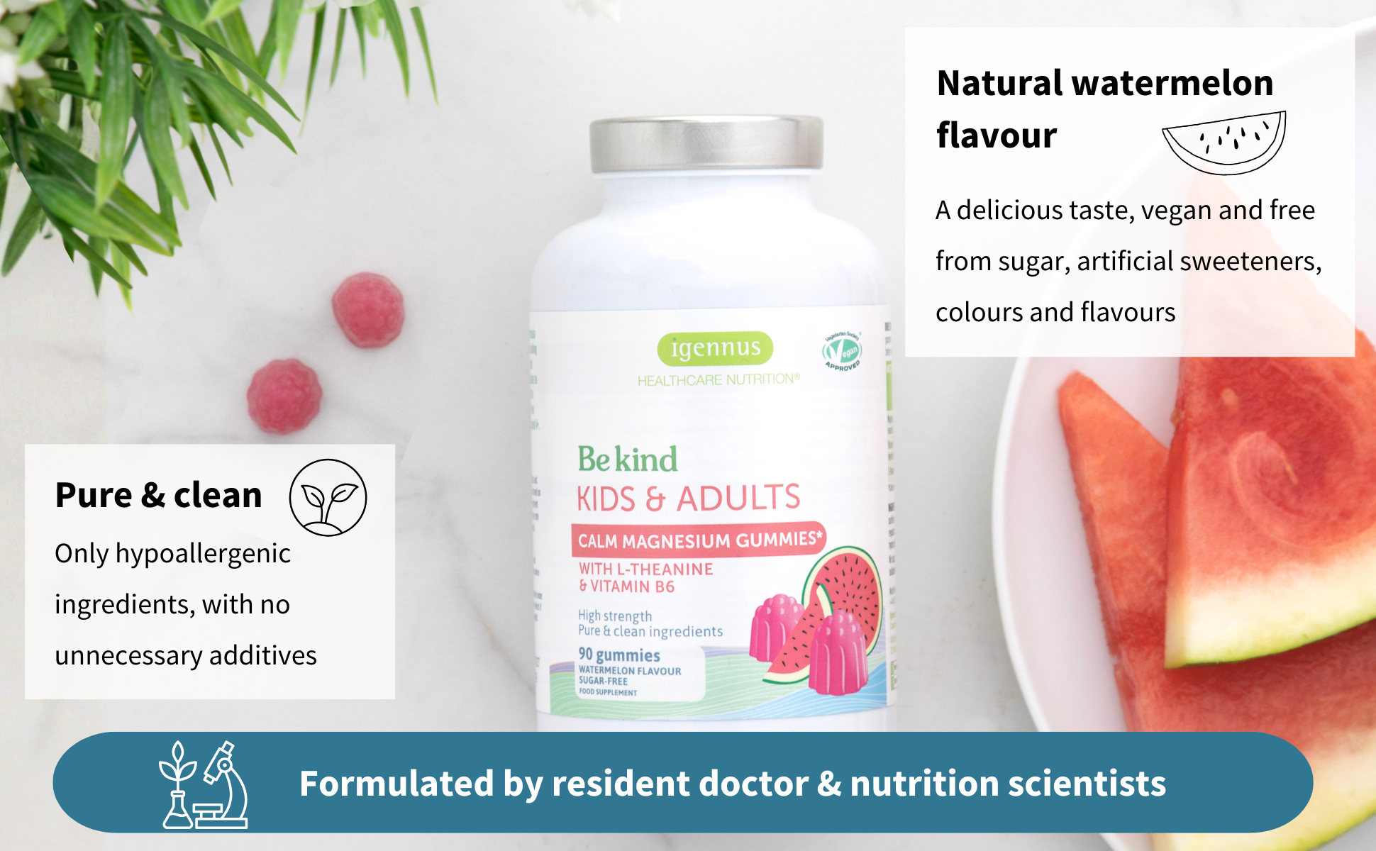 Bottle of 'BeKind' chewable vitamins with watermelon flavor on a light background