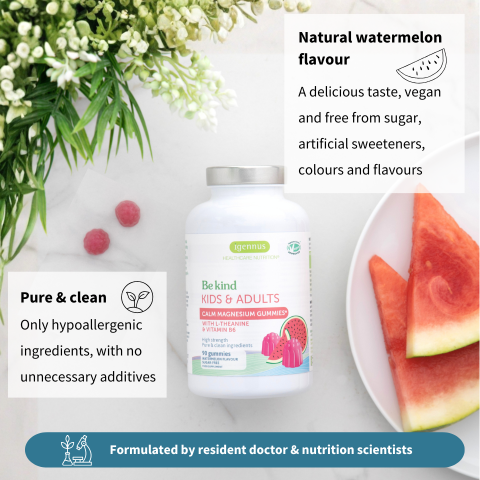 Supplement bottle with watermelon flavor on a white background with text about product features.