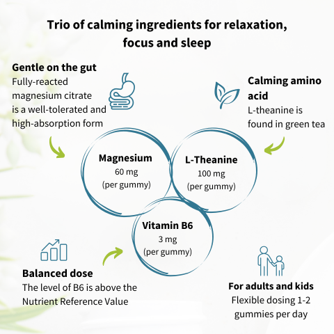 Diagram of calming ingredients for relaxation, focus, and sleep with magnitudes and vitamins.