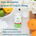 CoQ10 supplement bottle with fruits on a light background