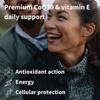 Woman smiling outdoors with text about CoQ10 and vitamin E benefits