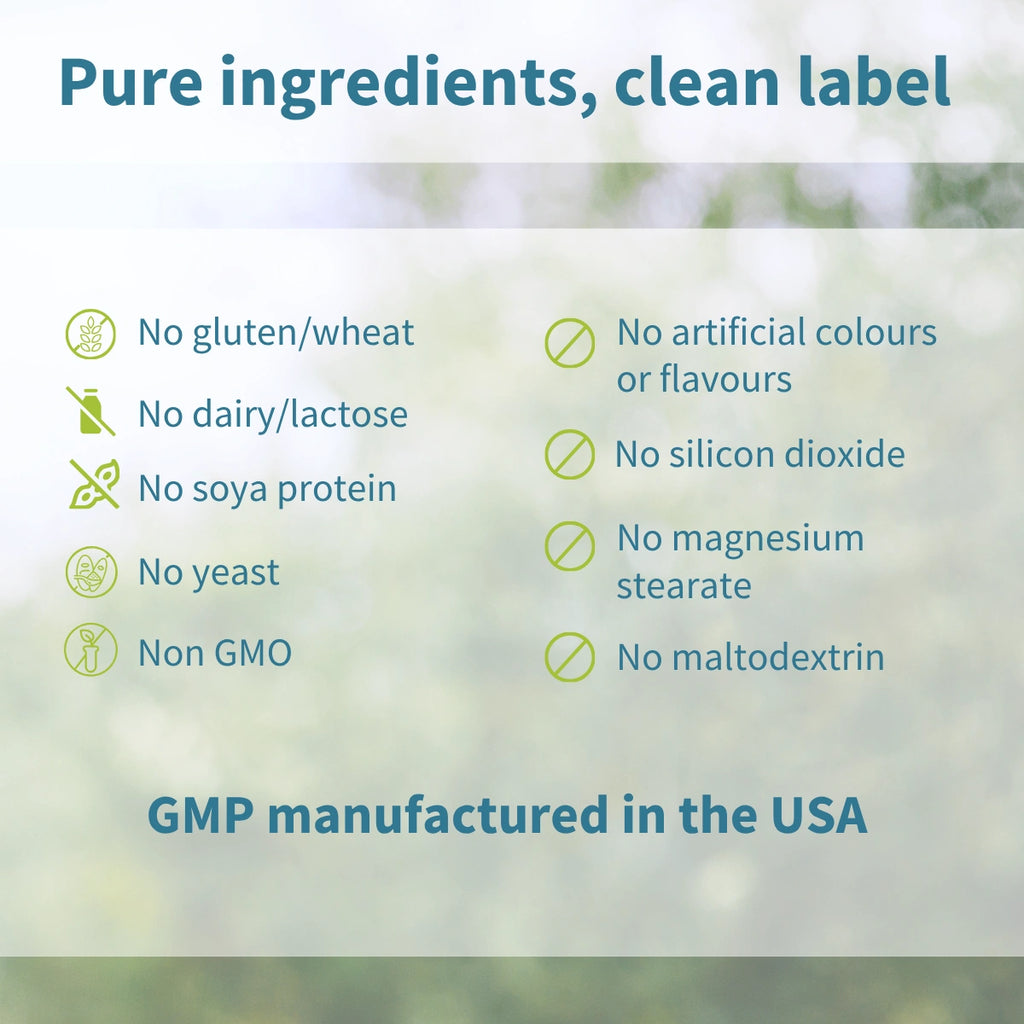 List of pure ingredients and manufacturing details on a blurred natural background