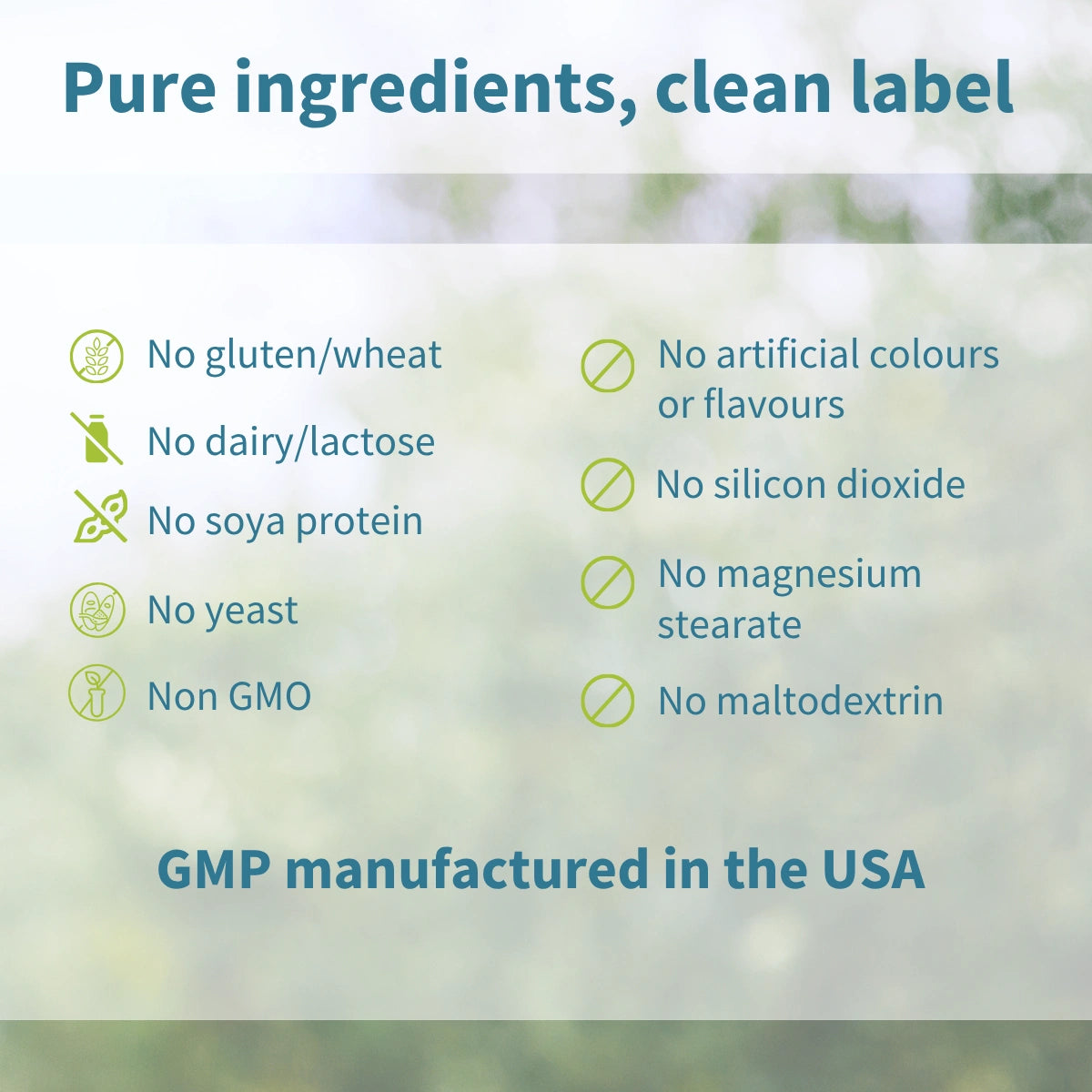 List of pure ingredients and manufacturing details on a blurred natural background